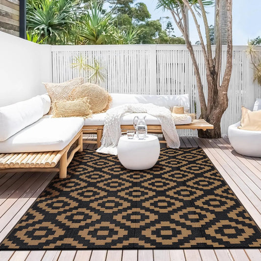 Outdoor, Plastic Straw Rug, Modern Geometric, Waterproof, Reversible Floor Mat