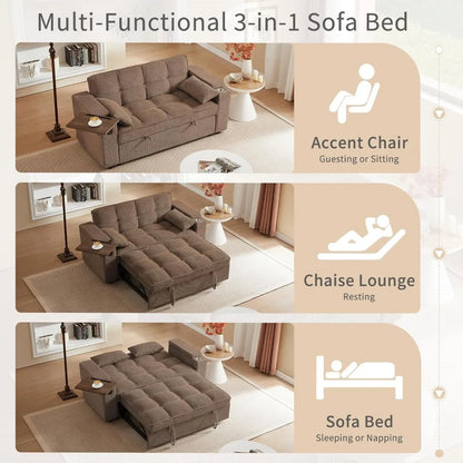 65'' 3-in-1 Folding Convertible Queen Size Pullout Sofa Bed, Modern Chenille Fabric, 360° Swivel Side Table