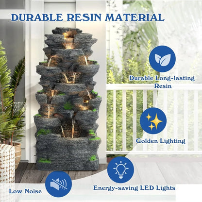 Garden Waterfall Fountain, Outdoor, Floor Standing Resin Water Fountain, LED Lights