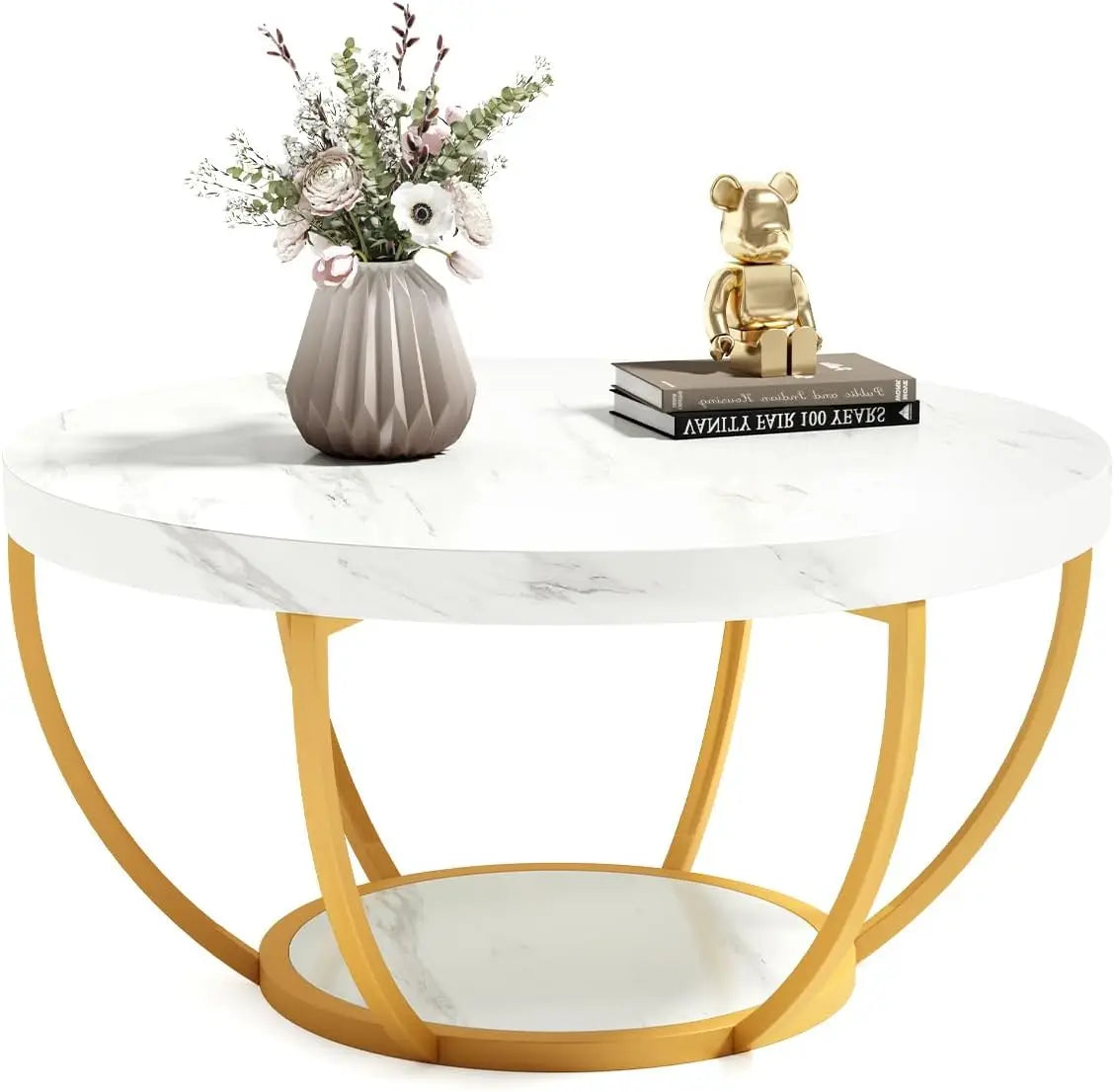 32" Circle Marble Coffee Table, 2-Tier Golden Metal Legs Accent Center Table