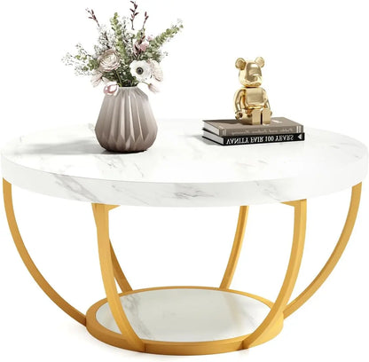 32" Circle Marble Coffee Table, 2-Tier Golden Metal Legs Accent Center Table