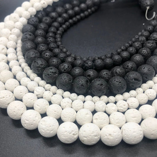 Natural Black/White Volcanic Lava Stone, Spacer Rock, Round Loose Beads For Jewelry Making