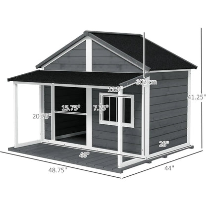 Outdoor Dog House Cabin Style, Wooden Raised Pet Kennel with Asphalt Roof, Front Door, Side Window, Porch for Medium and Large Dogs