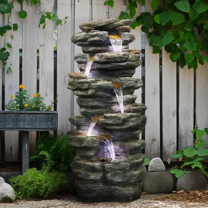 40" High 6-Tiers Cascading Rock Outdoor Water Fountain with LED Lights