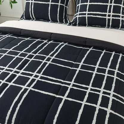 7-Piece Full Reversible Comforter Set, Sheets, Pillowcases, Shams, Storage Bag, Soft Polyester Bedding, Black White Checker