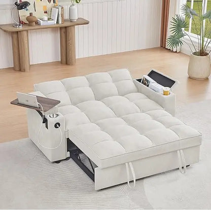 65'' 3-in-1 Folding Convertible Queen Size Pullout Sofa Bed, Modern Chenille Fabric, 360° Swivel Side Table