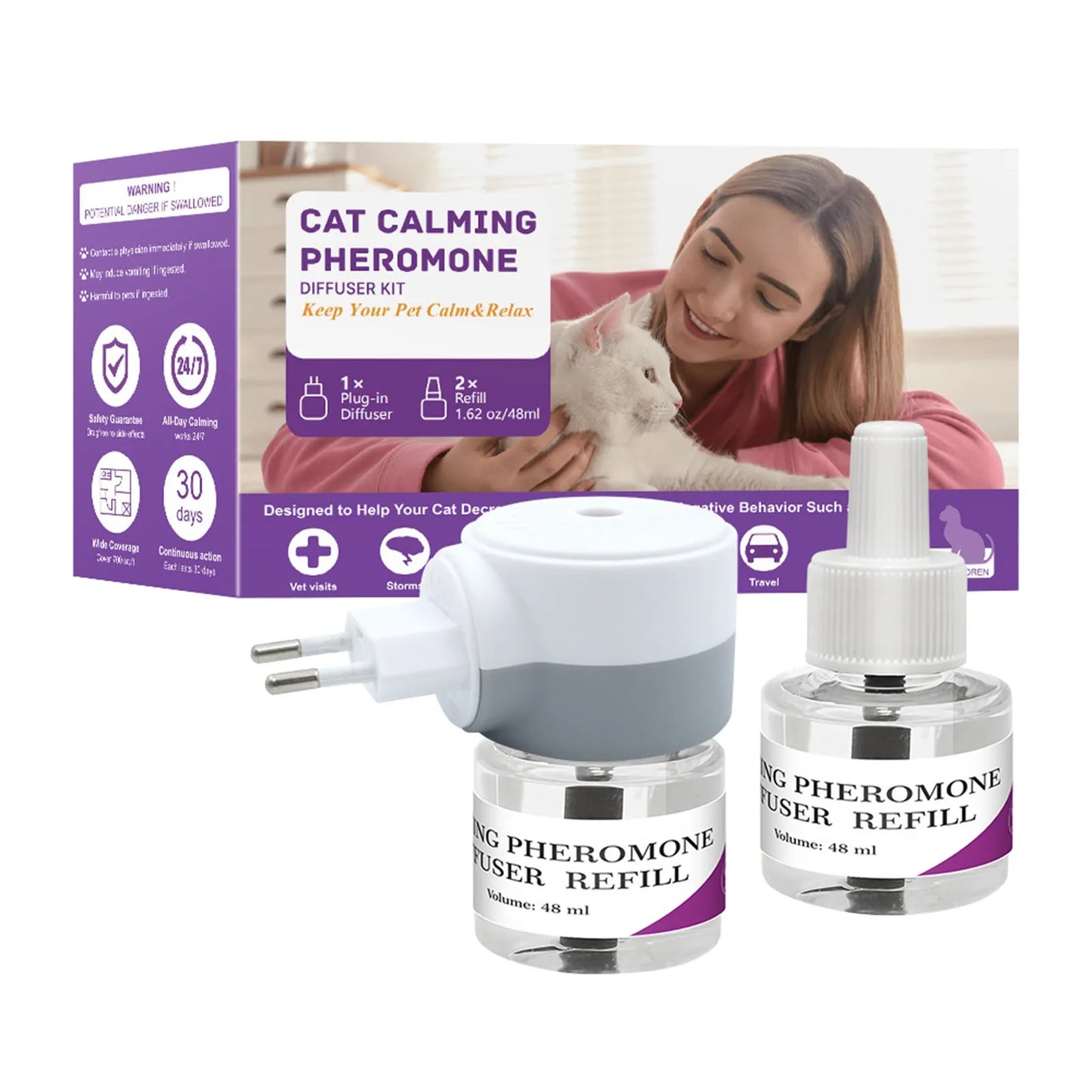 Pet Calming Diffuser, 3-in-1 Stress Relief Pheromones, Anxiety & Aggression Reducer, 1 Diffuser 2 Refill