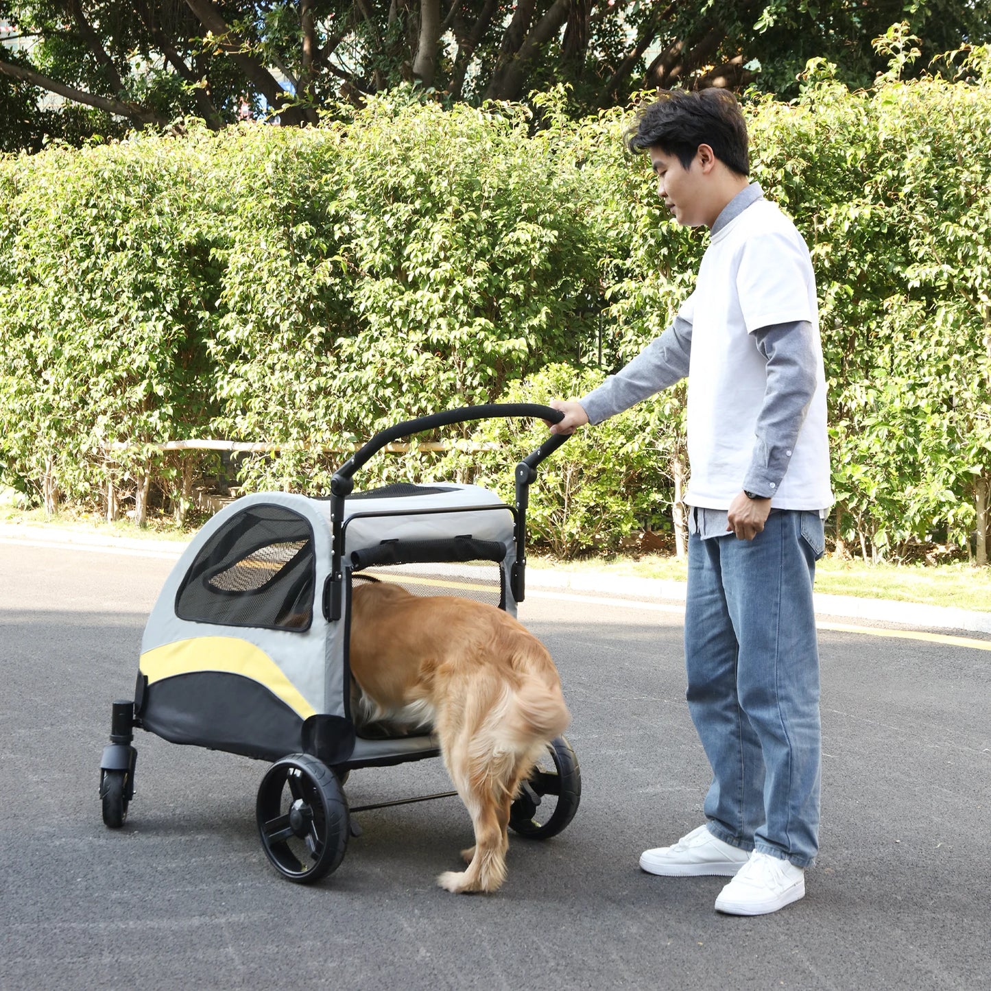 Portable Dog Stroller 4 Wheels for Large Dogs, Foldable Travel Carriage Stroller Breathable