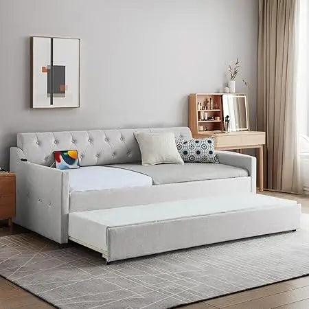 Antetek Twin-to-King Size Daybed with Pop Up Trundle, Modern Button Tufted Linen Upholstered Sofa Bed Frame