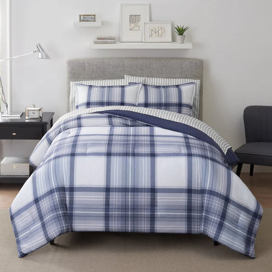7-Piece Full Bedding Set, Antimicrobial, Stain Resistant, Hypoallergenic Polyester, Blue Plaid Bed-in-a-Bag Comforter Sheet
