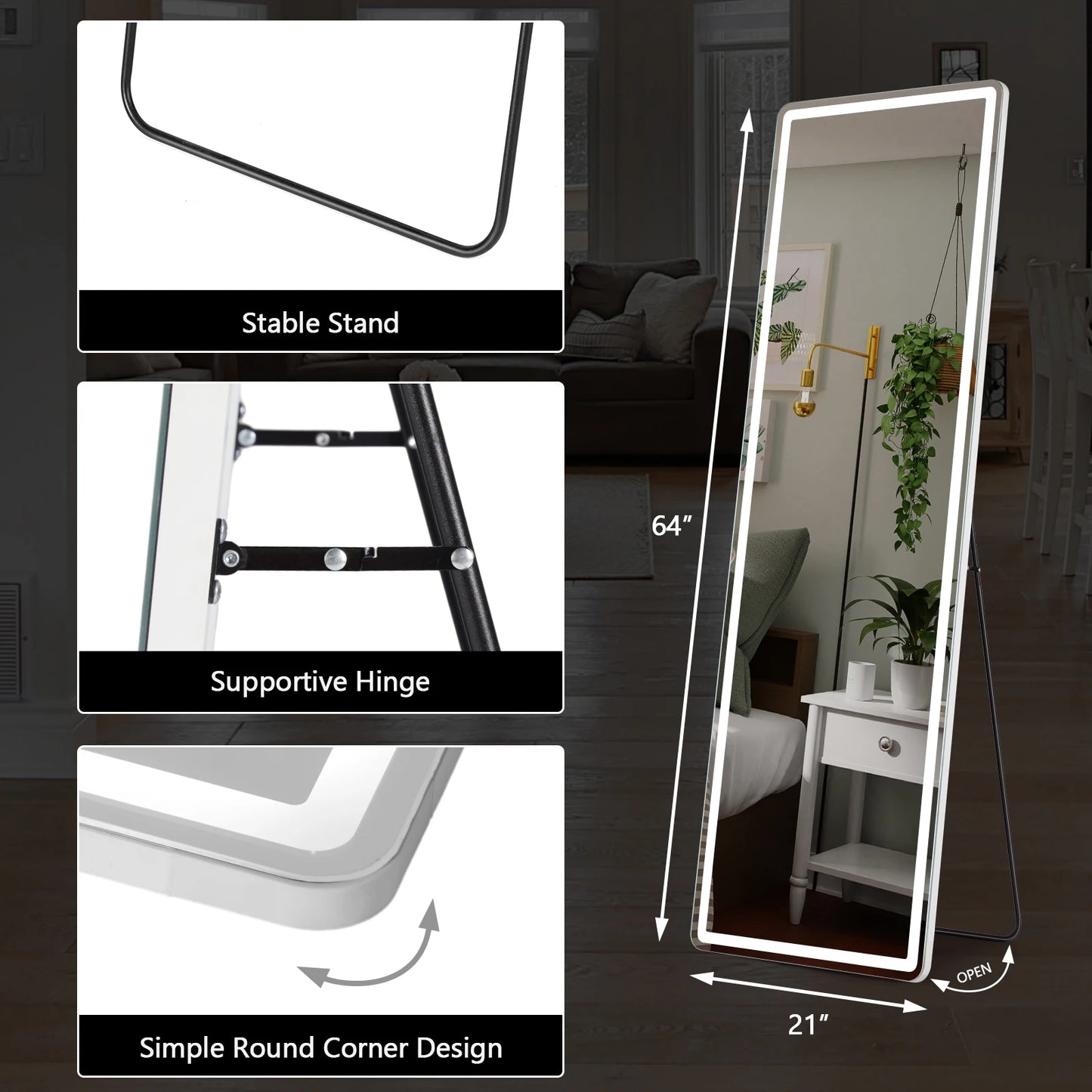 Led 64"x21" Full Length Mirror Standing Hanging or Wall-Mounted Aluminum Alloy Frame