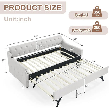 Antetek Twin-to-King Size Daybed with Pop Up Trundle, Modern Button Tufted Linen Upholstered Sofa Bed Frame