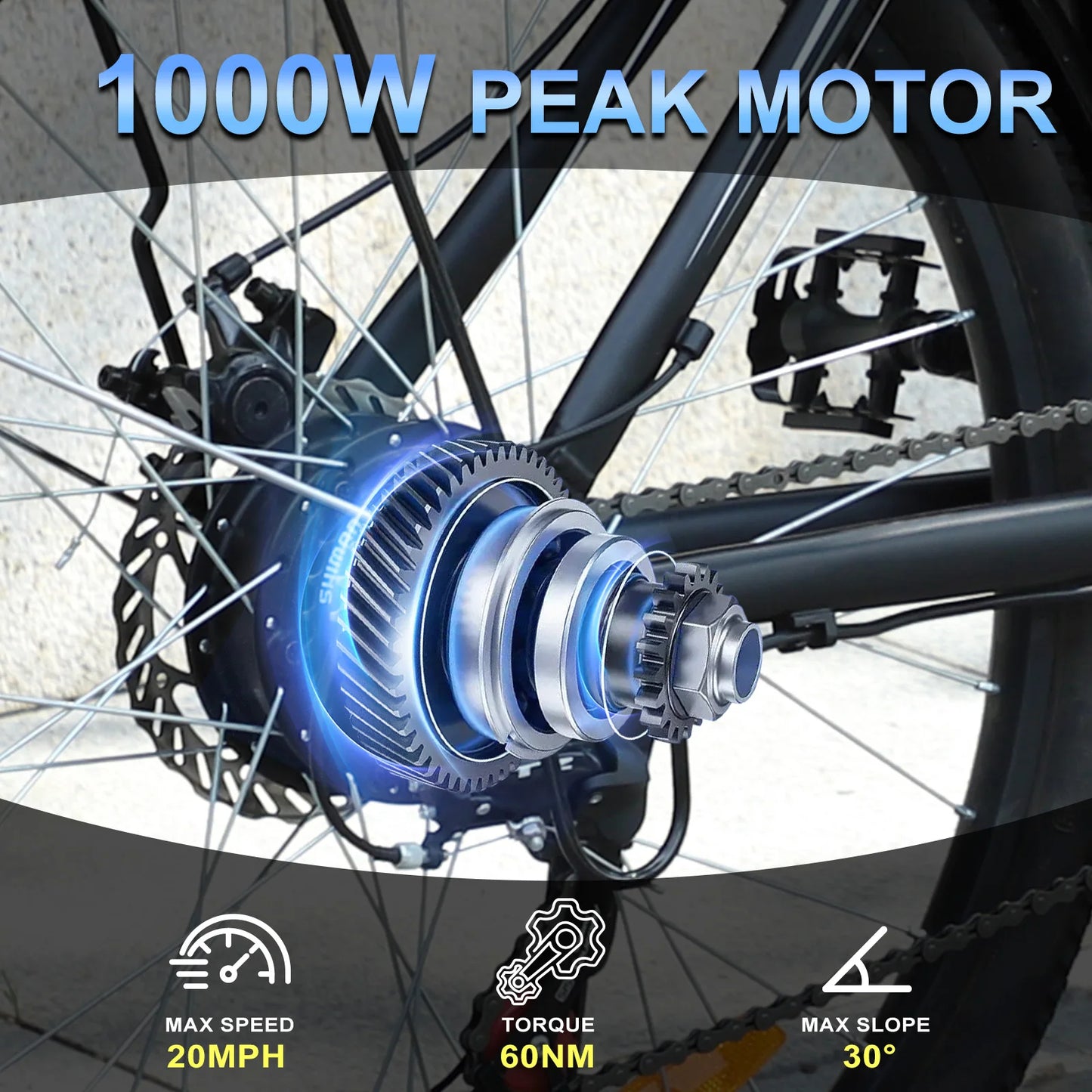 1000W Peak 48V Electric Mountain Bike, Adults, 26 inch, Removable Battery, Up to 50 Miles Range, 20 MPH