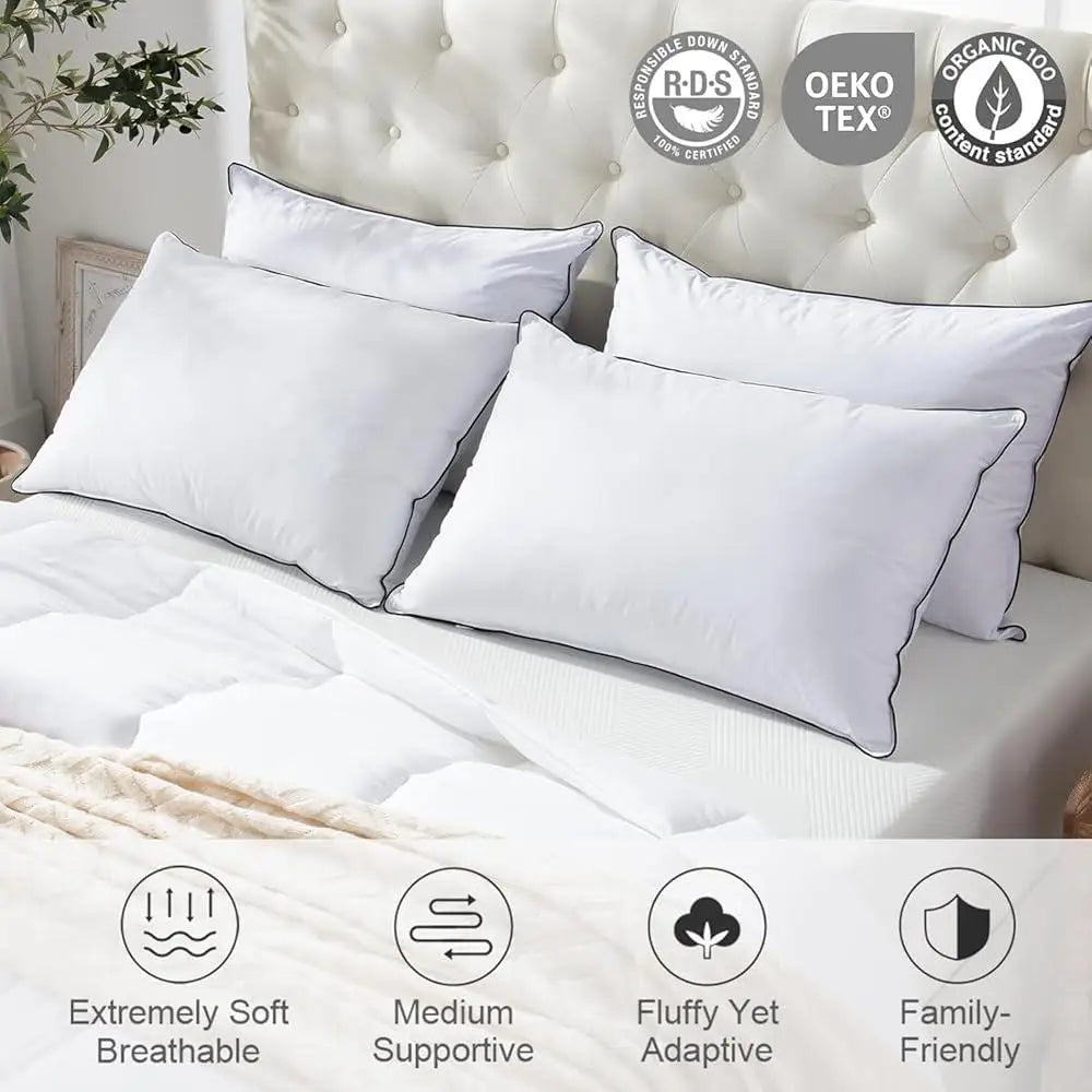 Medium Firm Down Feather Pillow Set, 2 King Size, Luxury Organic Cotton Cover, Support Side/Back