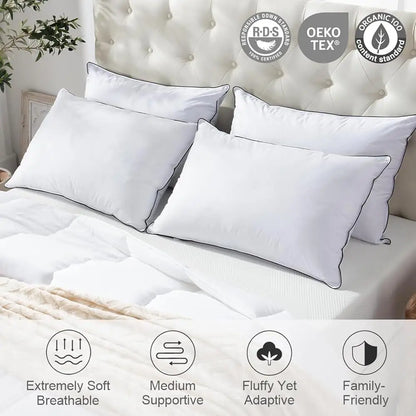 Medium Firm Down Feather Pillow Set, 2 King Size, Luxury Organic Cotton Cover, Support Side/Back