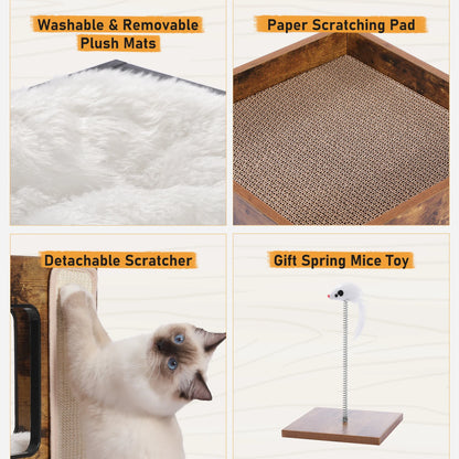 Cat Bed with Two Large Condos, Detachable Scratching Pad, Wooden with Plush Mats