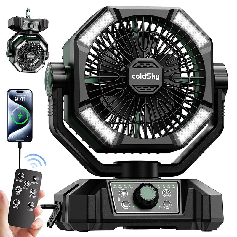 20000mAh Battery Outdoor/Indoor Camping Fan, 4 LED Lantern, 8 Speeds, Portable, Desk/Tent/RV