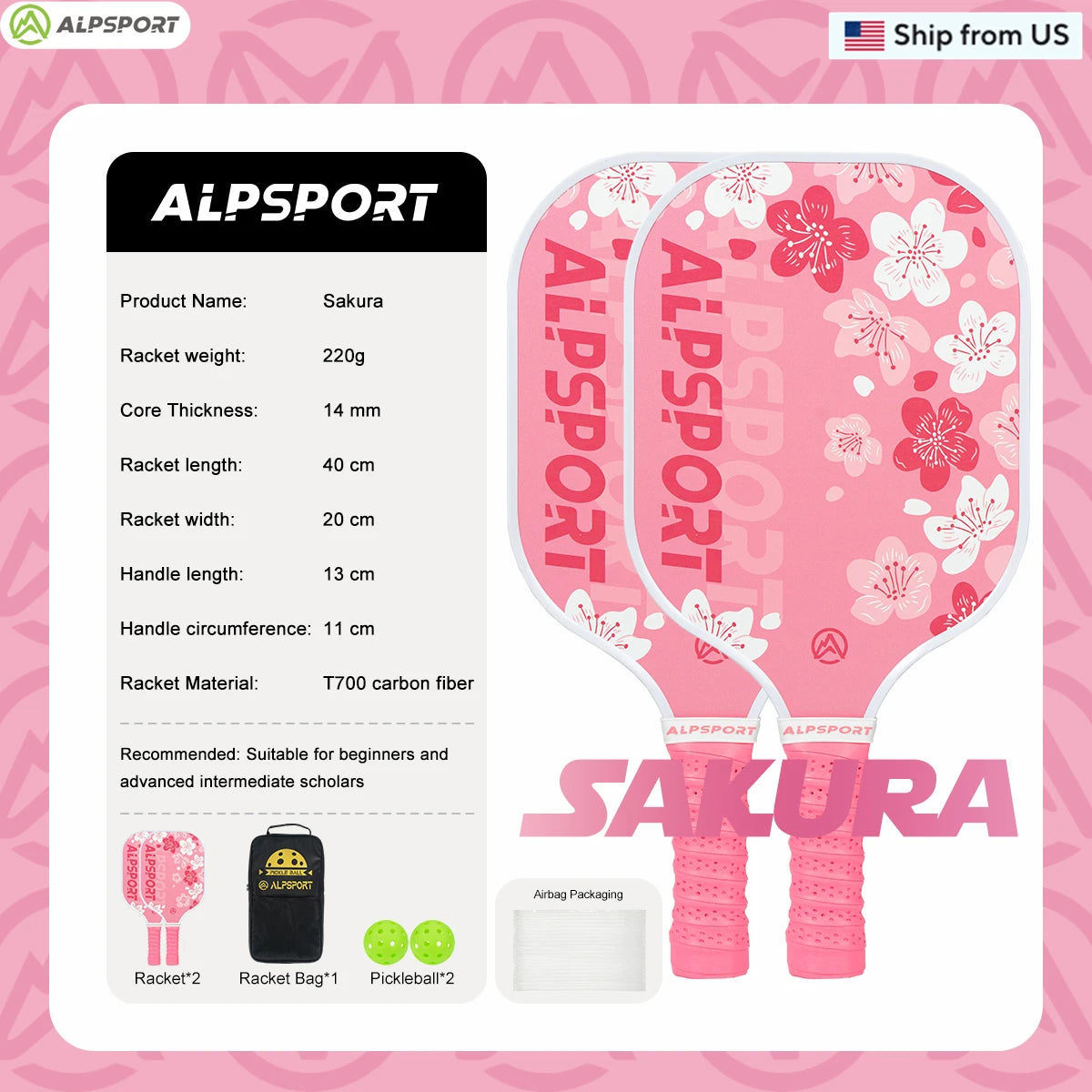 ALPSPORT Sakura USAPA Pickleball Paddle Women's T700 With 2 Free Balls Carbon Fiber Beginner-Friendly