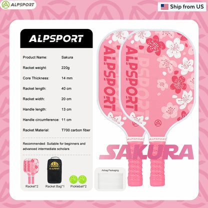 ALPSPORT Sakura USAPA Pickleball Paddle Women's T700 With 2 Free Balls Carbon Fiber Beginner-Friendly