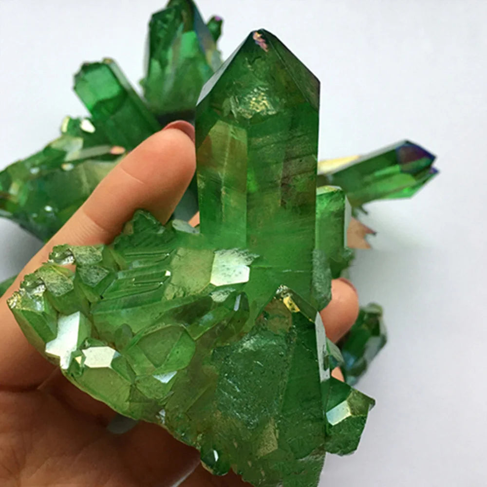 1x Natural Aura Green Titanium Gemstone Quartz Crystal Cluster Specimen Healing