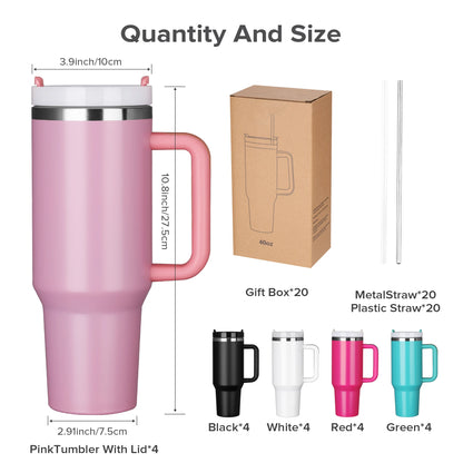 20 Pack, 40 OZ Insulated Tumbler, Detachable Handle, Lid, Straw, Mixed Color, Laser Engraved