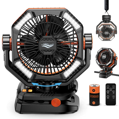 20000mAh Battery Outdoor/Indoor Camping Fan, 4 LED Lantern, 8 Speeds, Portable, Desk/Tent/RV