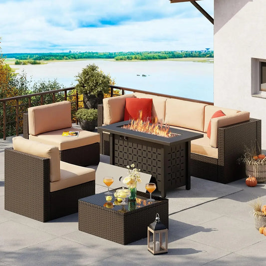 7 Piece Patio Furniture Set with Gas Fire Pit Table, Outdoor Conversation Sets Wicker Rattan Sectional Sofa