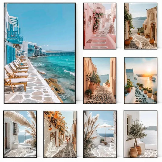 Modern Greece Summer Coast Santorini Travel Landscape Posters And Prints, Canvas Printing, Wall Art