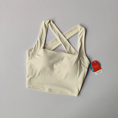 Seamless Cross Back Sports Bra, Wide Shoulder Straps, Shock-absorbing, Yoga Vest Top