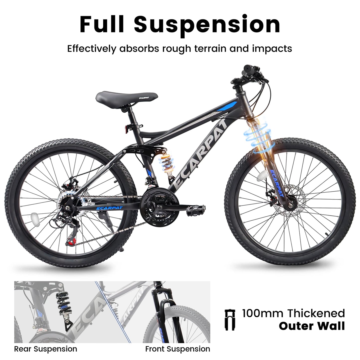 Ecarpat Dual Full Suspension Mountain Bike 24/26/27.5 Inch, Boy/Girl Men/Women, 21-Speed Disc Bicycles