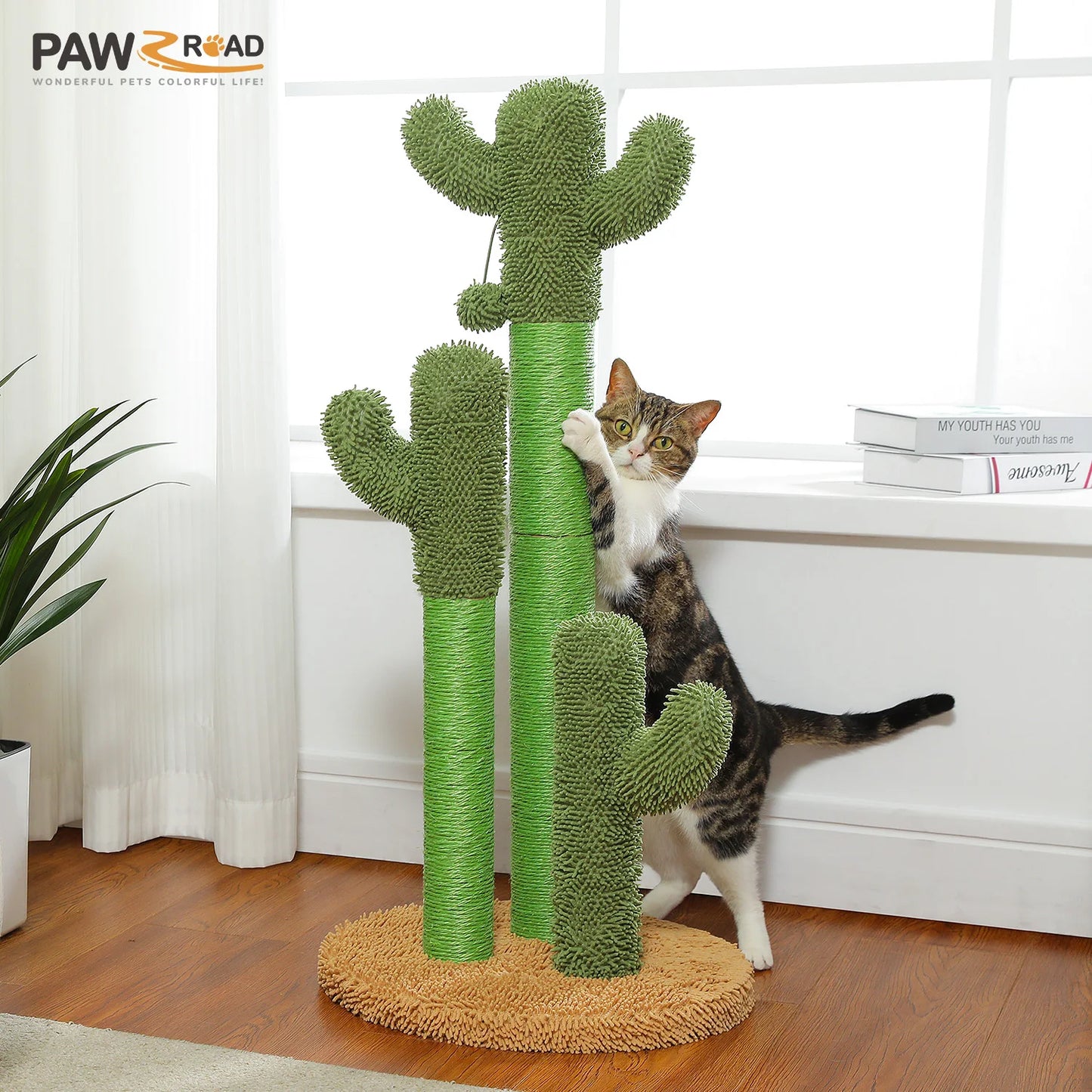 Cat Scratching Post with 3 Natural Scratching Poles and Interactive Dangling Ball