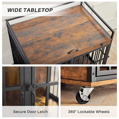 End Table Dog Kennel with Wheels, Feeder Bowls
