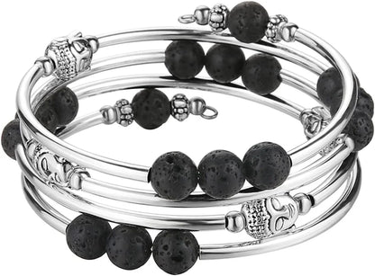 Beaded Chakra Bangle Turquoise Bracelet , Thick Silver Metal and Mala Beads