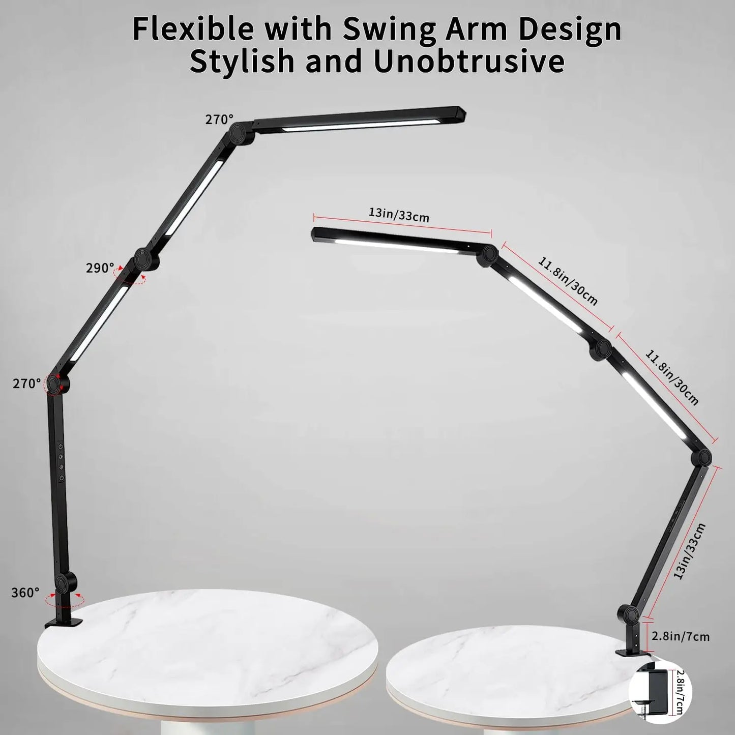 LED Desk Lamp with Clamp Flexible 4 sections Swing Arm Three light Sources, 4 Color Modes & 5 Brightness