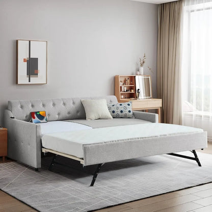 Antetek Twin-to-King Size Daybed with Pop Up Trundle, Modern Button Tufted Linen Upholstered Sofa Bed Frame
