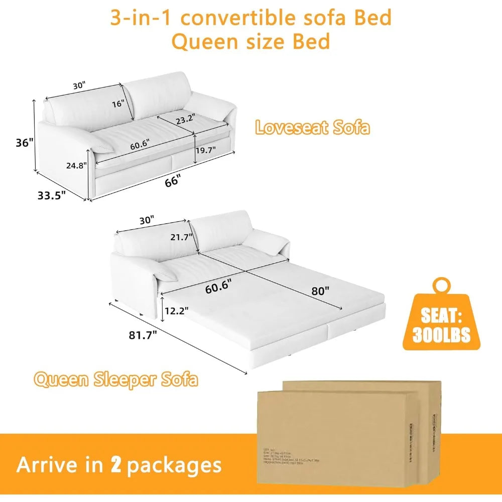 63.8" Futon Sofa Bed Queen Size, Pull Out Bed, 3-in-1 Convertible Sleeper Sofa with Side Pocket