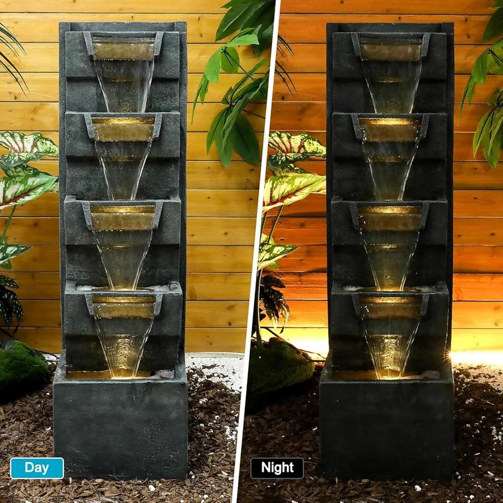 5-Tier Modern Water Fountain, Indoor/Outdoor, Water Sounds, LED Lights, Durable Poly Resin
