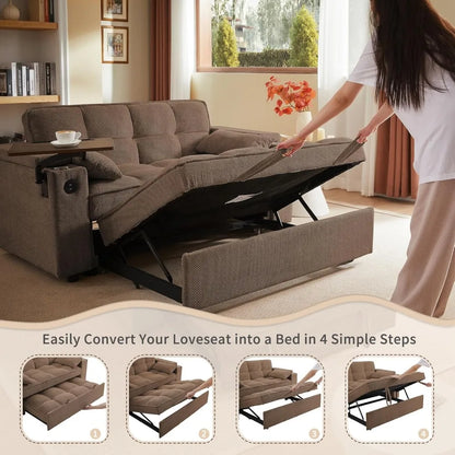 65'' 3-in-1 Folding Convertible Queen Size Pullout Sofa Bed, Modern Chenille Fabric, 360° Swivel Side Table