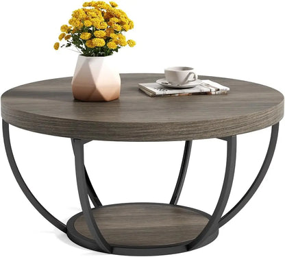 32" Circle Marble Coffee Table, 2-Tier Golden Metal Legs Accent Center Table