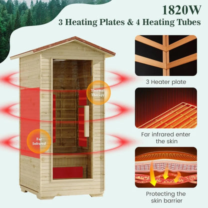 1-Person Outdoor Infrared Wooden Sauna, 3-D Fast Heating Home Spa, Chromotherapy Light
