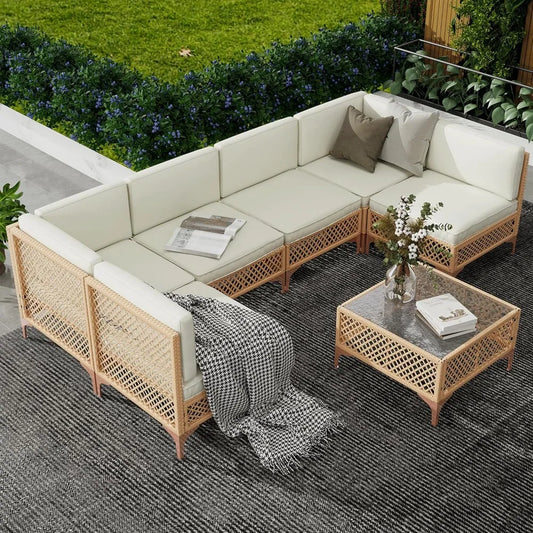 Wicker Outdoor Sectional Set, Boho Patio Conversation Sectional Sofa with Large Tempered Glass Coffee Table