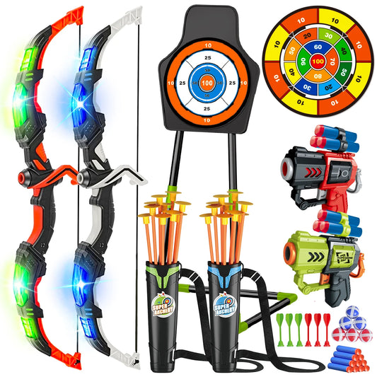 2X Bow Arrow + Guns, Toy For Kids, LED Light Up Archery, Suction Cup, Stand, Dart Board