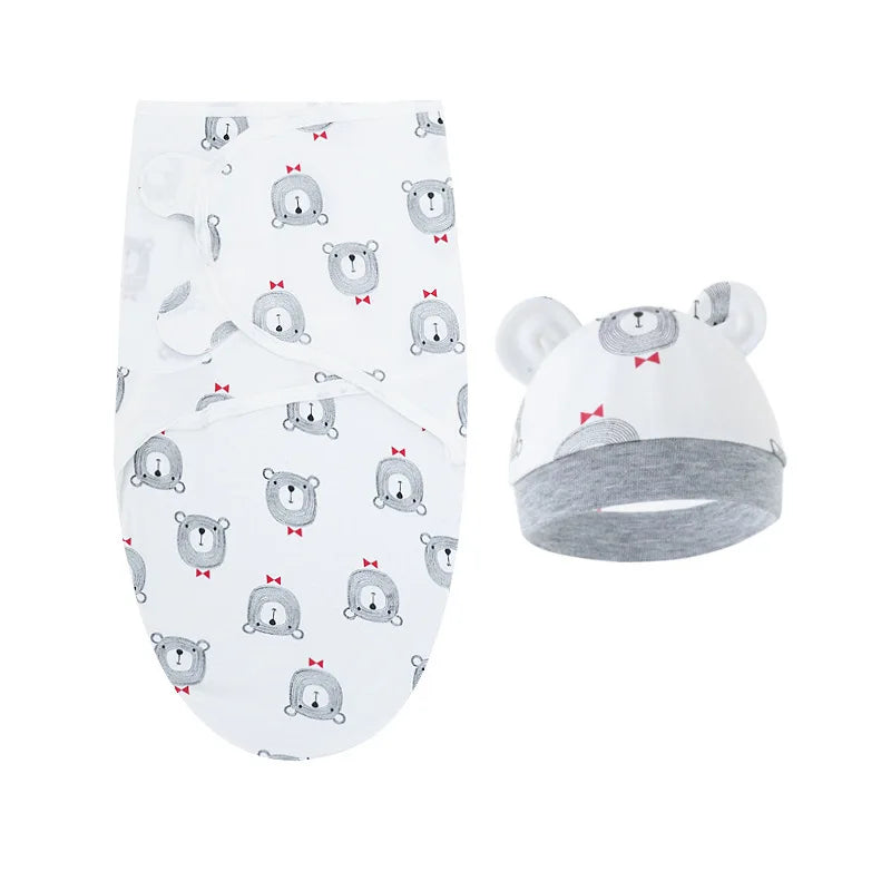 Baby Blanket Hat Set, Cotton, Newborn Swaddle, Adjustable