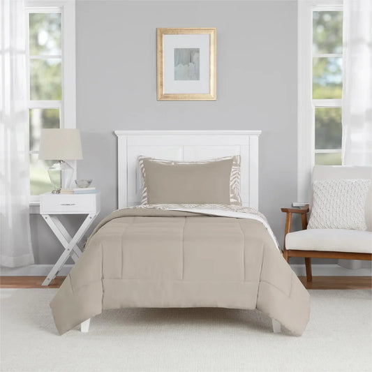 5 Piece Reversible Comforter Set, Sheets Twin XL, Beige Palm Print, Soft Fabric, Machine Washable