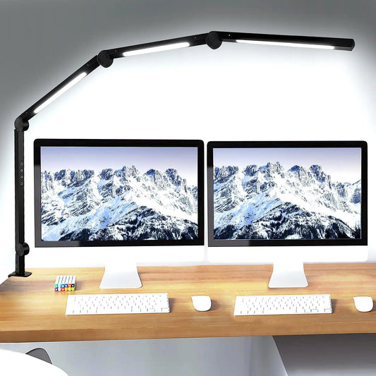 LED Desk Lamp with Clamp Flexible 4 sections Swing Arm Three light Sources, 4 Color Modes & 5 Brightness
