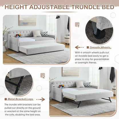 Antetek Twin-to-King Size Daybed with Pop Up Trundle, Modern Button Tufted Linen Upholstered Sofa Bed Frame