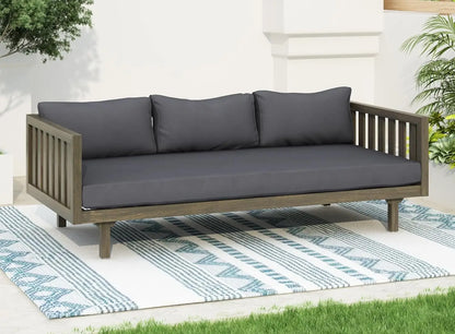 Outdoor 3 Seater Daybed, Acacia Wood Sofa with Cushions for Patio Backyard, Garden, Beige