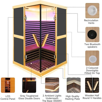 Infrared Indoor Dry Sauna, 1980W Phototherapy Lamp, Canadian Fir Wood, 2-3 people, Bluetooth Speaker