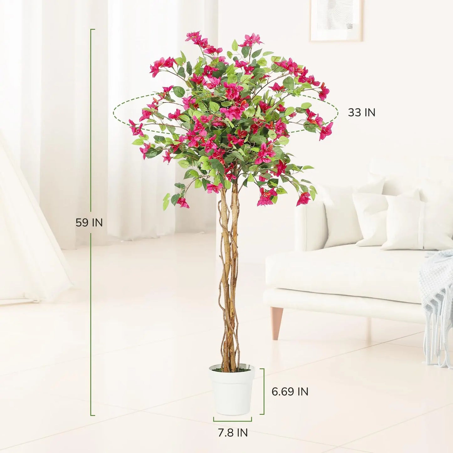Artificial Bougainvillea Flower Tree, Indoor, White Pot, Home Decoration
