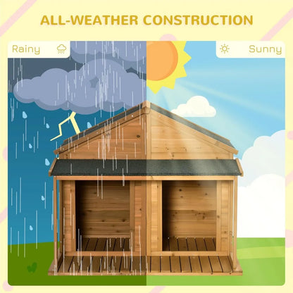 50" Wooden Dog House Outdoor for 2 Medium or Small Dogs, Cabin Style with Porch, 2 Doors, Elevated Floor
